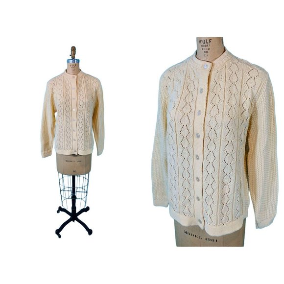 Vintage 90s Cream Cardigan Womens Size Large Haband Knit Sweater - Picture 1 of 10